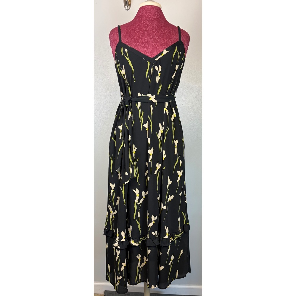 NEED Black Floral Ruffle Tiered Maxi Midi Dress Size Medium Pockets Belted